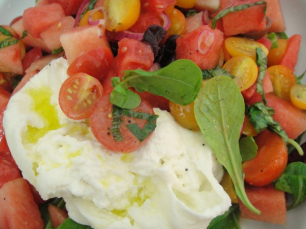 Ginger Marinated Heirloom Tomato with Watermelon, Burrata, and Arugula