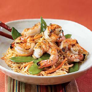 Orange-Sesame Noodles with Grilled Shrimp