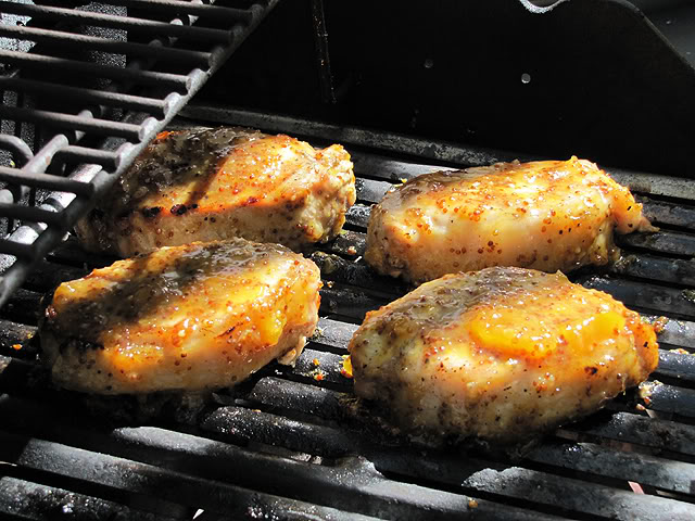 Pork chops with mustard and peach glaze