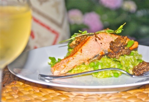 Salmon with Morels and Pea Risotto