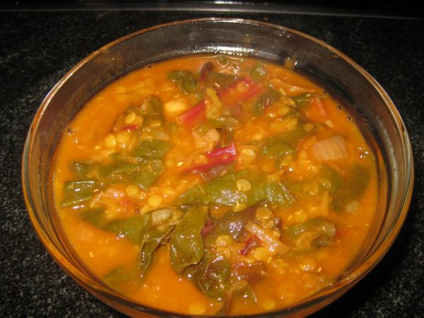 Turkish style red lentil soup with chard