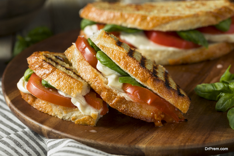 Tomato, basil and mozzarella sandwich